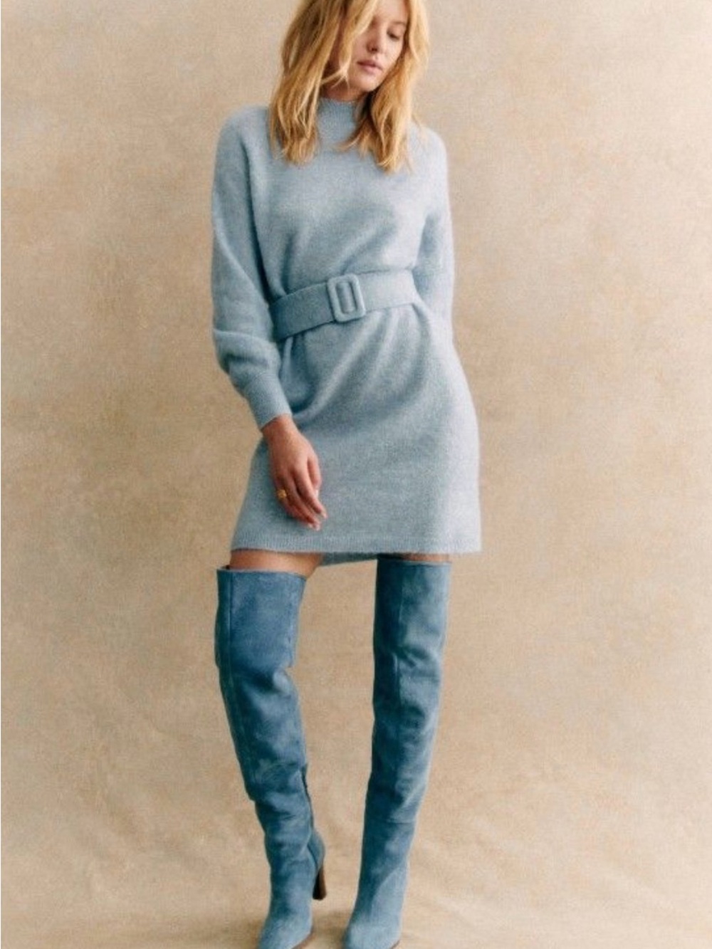 NWT Sezane Soft Blue Knit Belted Sweater Dress